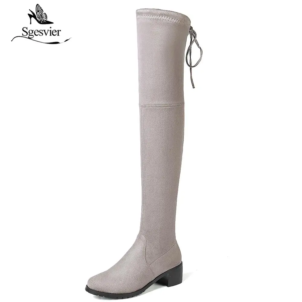 Sgesvier/ Najnoviji model ženske ботфорты iznad koljena, duge čizme od elastične tkanine, čipka-up, ženske cipele na debelom Visoku petu cipele, zimske Velike Dimenzije OX657