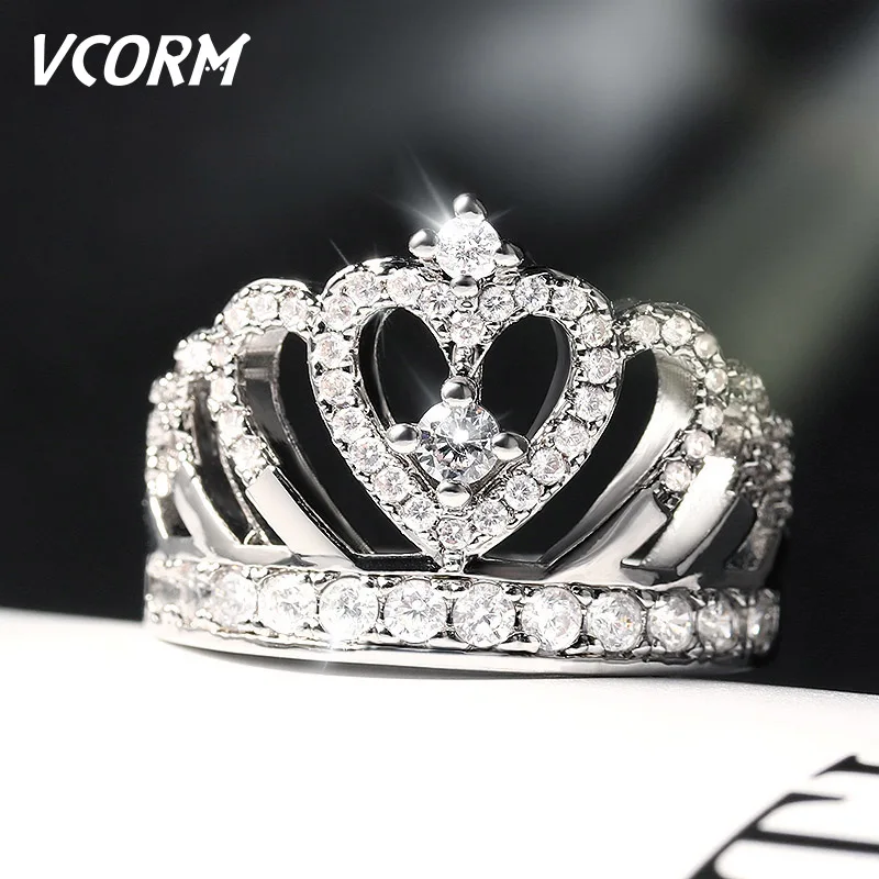 VCORM Moda Crown Crystal Silver Boja Prstena za Vjenčanje Vjenčanje Ženske Pribor Šarm Kubni Cirkonij Prsten Nakit za Žene