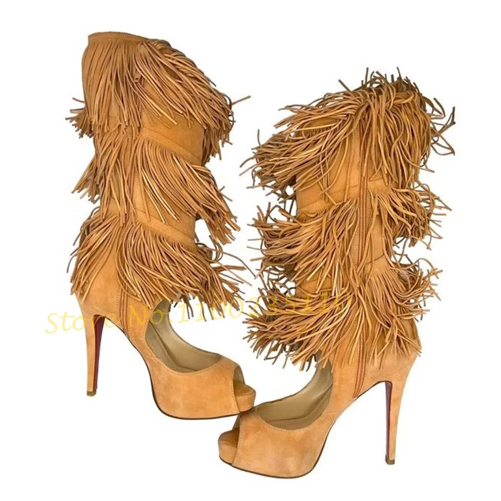 Žute Cipele Na Platformu s Otvorenim vrhom i resama, Ženski Antilop Čizme Do Koljena u Patchwork stilu, Dizajner Ženske Jesen Luksuzne Cipele Na Munje
