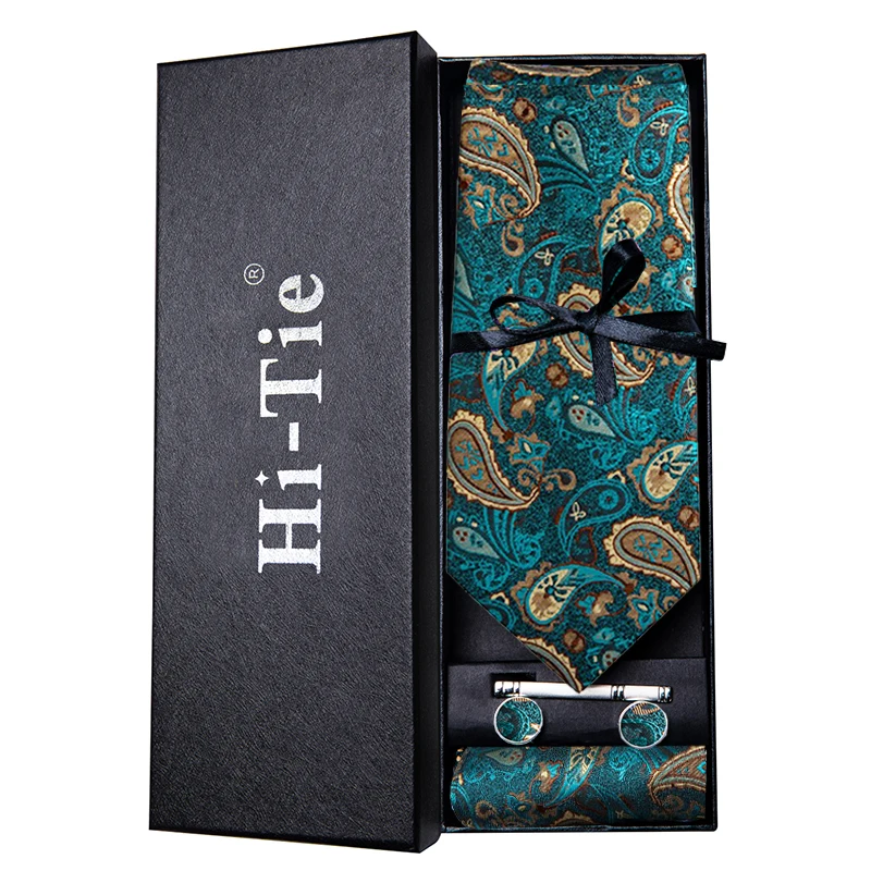 Hi-Tie Luksuzna Poklon Kutija Klasični Tamno-Zelena kravata s uzorkom Paisley, Nježna Muških Kravata, Manžete, Skup Kravate Za Muškarce, Smještaj Visoke Kvalitete