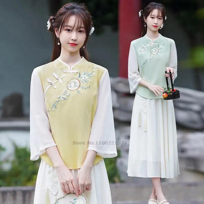 2022 elegantan nacionalni stil ханьфу tradicionalni cvjetni vez ženska kineska vintage bluza elegantan istočni odijelo tan košulja