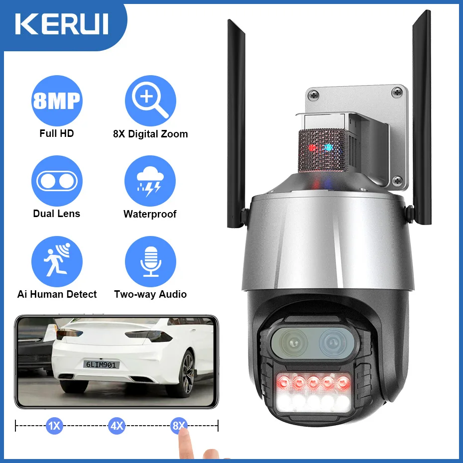KERUI 8MP 4K PTZ IP Kamera za Vanjsku uporabu s dvostrukim Objektivom, 8x zoom, high-speed Dome Kamera sa protuprovalnim Сиреной, Signalizacijom, Automatskim Praćenjem Ai, Sigurnost