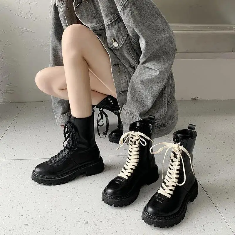 Y2k/Ženske čizme Martin na platformi u Britanskom stilu, 2 Boje, crne cipele na Шнурках, Munje, uličnu odjeću u stilu Punk za Djevojčice, Zimska Modna od samta cipele