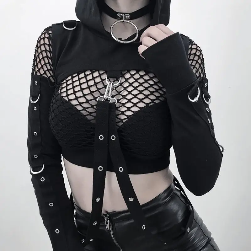 Uličnu odjeću u stilu grunge, Tamne Crne majice sa otvorenim ramenima, Ženske Oblikovana Skraćeni vrhovima čipka-up, Seksi Majice sa Izrezima, Gotička Odijevanje