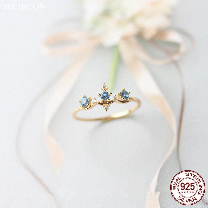 JECIRCON 925 Sterling Srebra 14 Do Pozlaćeni Vintage Plavi Cirkon-Prsten za Žene Jednostavan ins Niša Klasicni Mali Crown Prsten Nakit