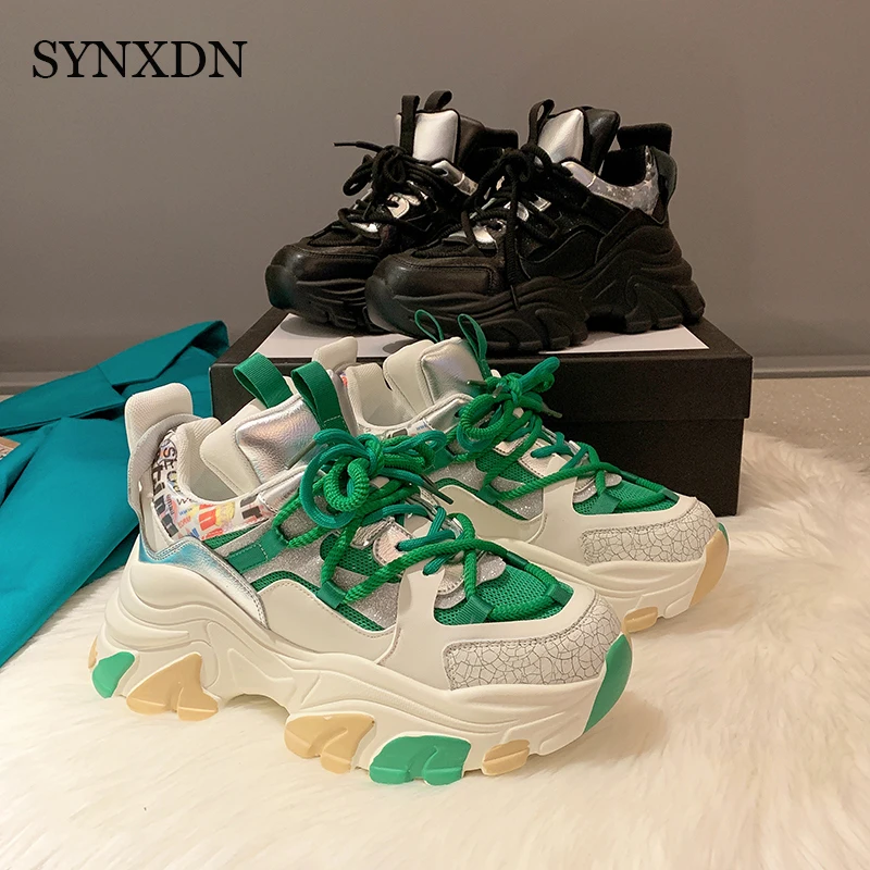 SYNXDN 2021 Modni Nove Zelene Tenisice sa šljokicama na Masivnim Petu, Ženske Cipele na Platformu, Tenisice s Debelim potplatima od uvezivanje Casual cipele