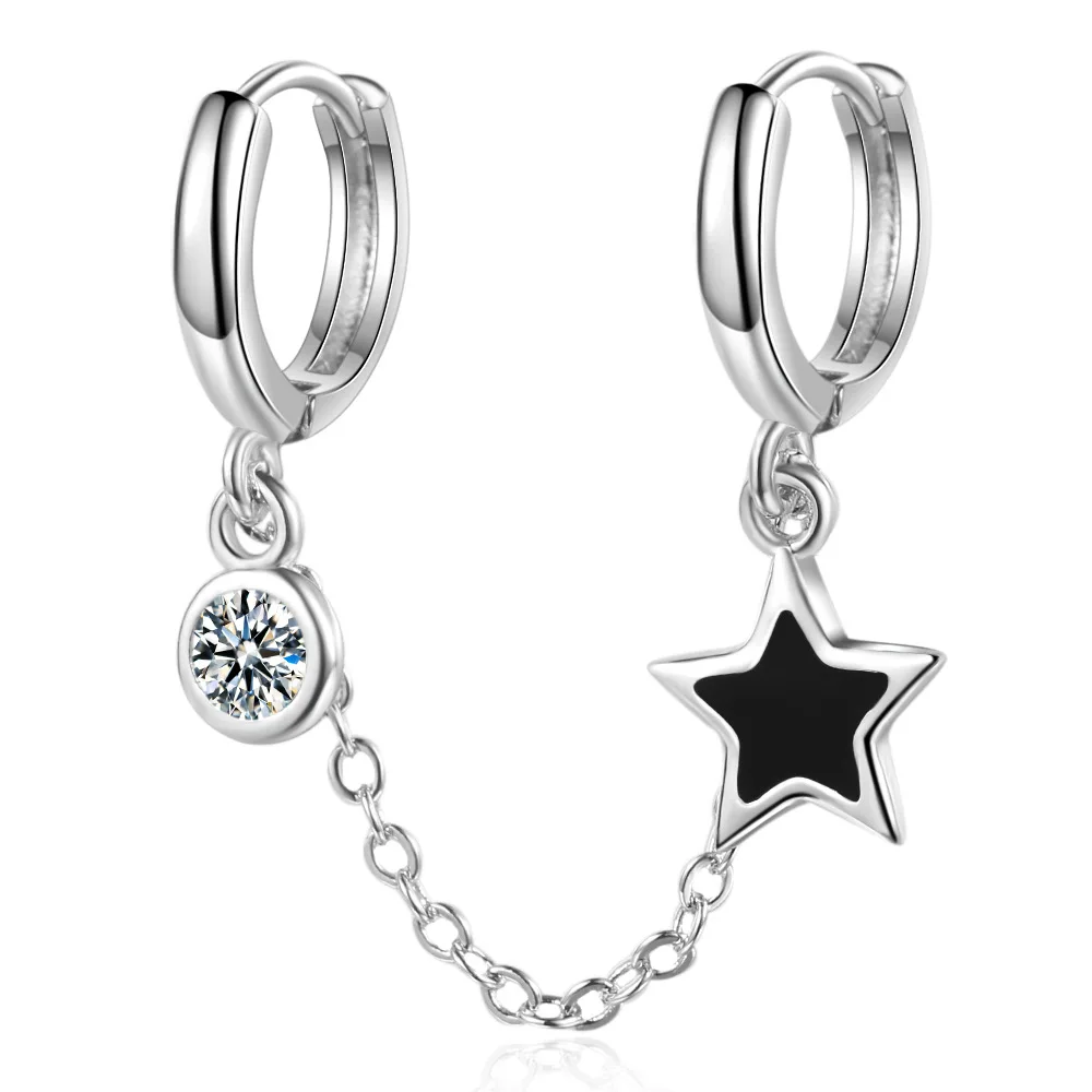 Pentagram Black Star Naušnice-Prsten Za Žene Srebrna Boja Kubni Cirkonij Dual Piercing Nakit Bling Trendi Poklone