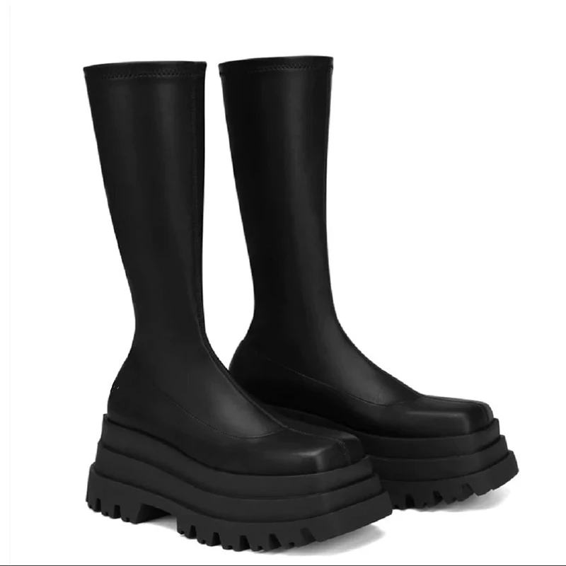 Termainoov/zimske crnci elastične čizme do sredine kavijara na platformi i debelog танкетке, čizme s okruglim vrhom, vrlo Visoke Čizme, ženske cipele