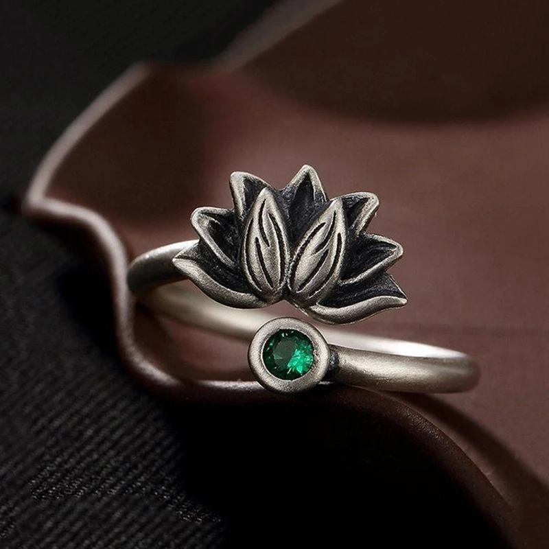 Trodimenzionalni vještine sa zelenim dijamantom klasicni lotos podesiv prsten Kineski dvorište boemski šarm ženski nakit
