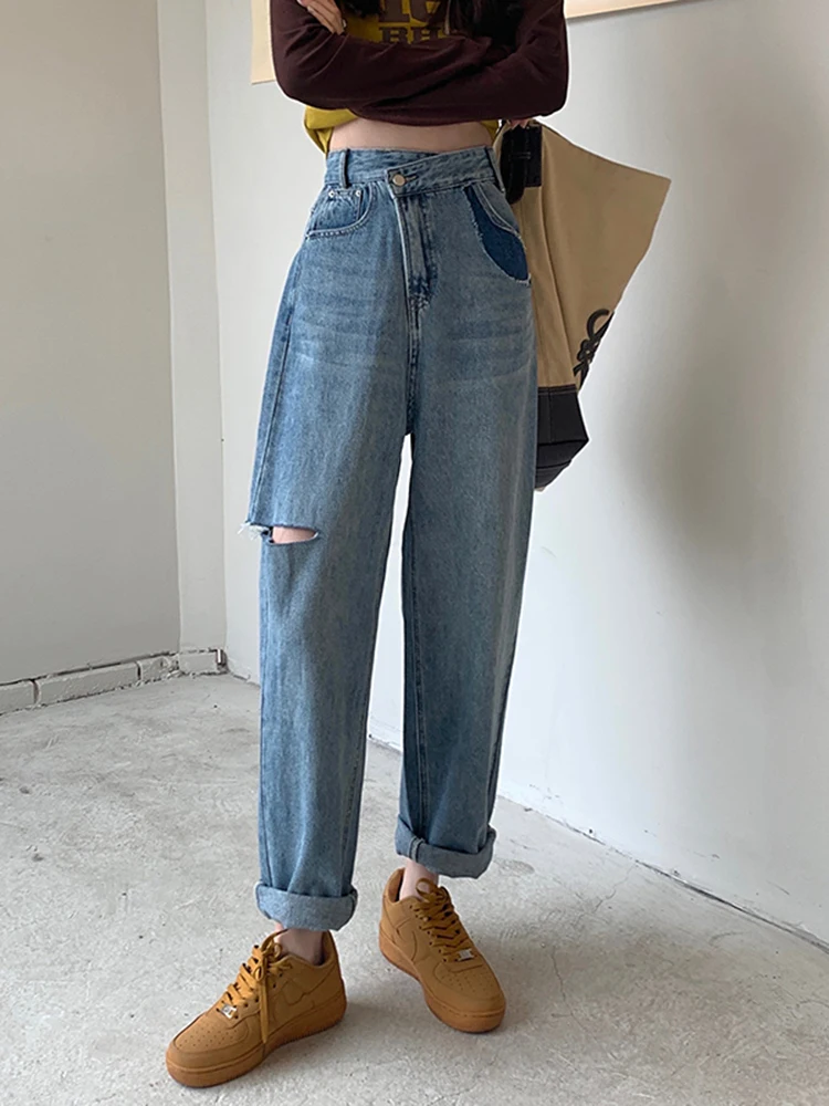 S-XL Ljeto 2022, korejski stil, ženske Boji poderane traperice hlače u stilu patchwork, Svakodnevne ravne traperice s visokog struka za žene (78837)