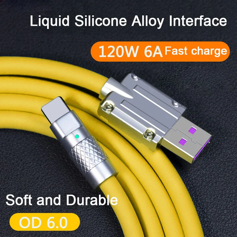 Novi Pravi Silicij S Premazom od 120 W 6A Brzo Punjenje Brzo Punjenje USB Kabel Tekući Silicij s Metalnim Lukom Type C za Iphone Huawei