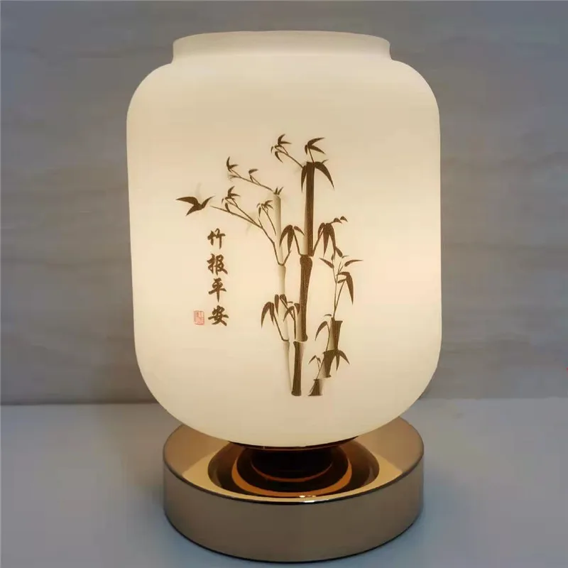 Kineski Stil Staklene Lampe Bamboo Slikarstvo Spavaća Soba Noćni Lampa Noćni Dodirni Prekidač Izolacija Osnova