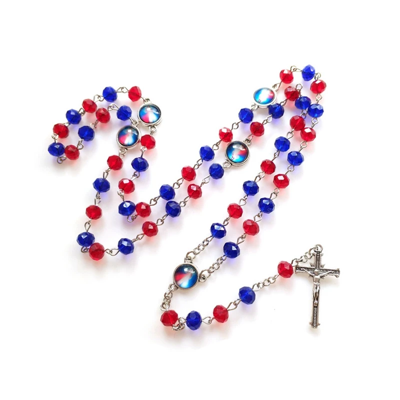 QIGO Crveno Kristalno plavim Perlicama Dvostrani Križ Privjesak Duge Ogrlice Od Perli Za Muškarce Žene Vjerski Nakit