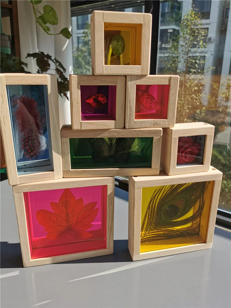 Dječja Igračka Montessori Drvene osjetljiv na Dodir koji se Prelijeva Zrcalni Blokovi Akril Slaganje s Dragim Kamenjem Pero List Leptir Cvijet je Veliki veličina