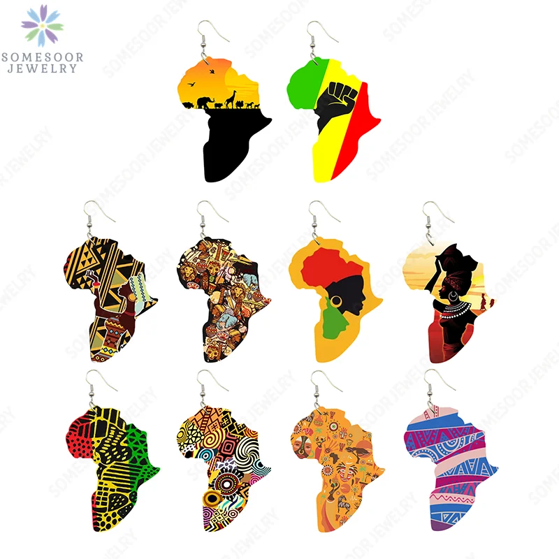 SOMESOOR Crna Za Žene Knjige O Umjetnosti Ispis Afrički Geografske Karte Drveni Viseći Naušnice Afro Ethinic Povez Za Glavu Snaga Šake Dizajn Privjesak Lutaju Nakit