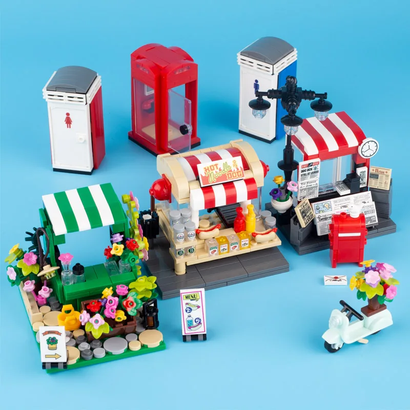 MOC City Street View Dijelovi Model Gradivni Blokovi Hrana Cvijeće Shop Hot-Dog phonebooth Wc Print Pribor Cigle Igračke