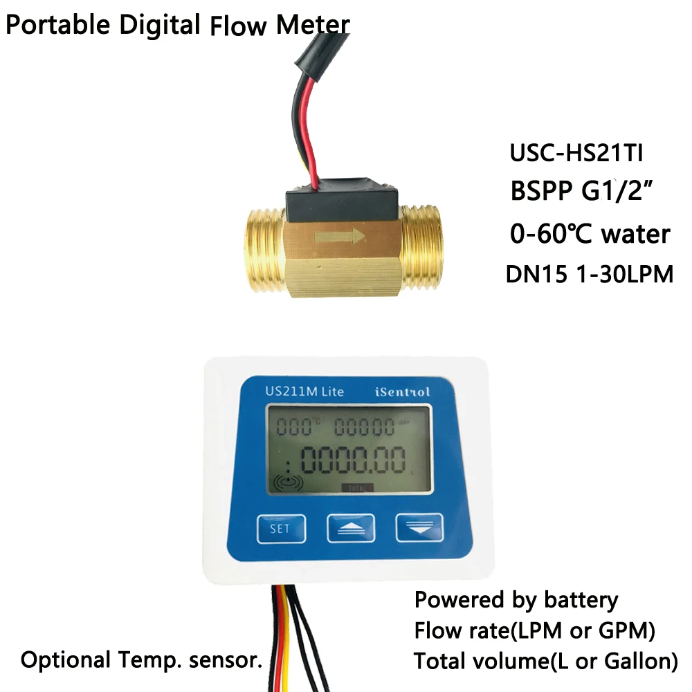 SS211M Lite Digitalni mjerač protoka prikladniji mesinga Senzor protoka USK-HS21TI 1-30Л/min Senzor protoka vode Napajanje iz baterije AAA Prijenosni Isentr