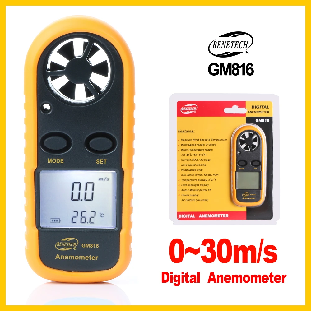 Prijenosni Digitalni Anemometar, Mjerač Temperature, Mjerač Brzine Vjetra, Mjerač 30 m/s, LCD-ručni alat GM816-BENETECH