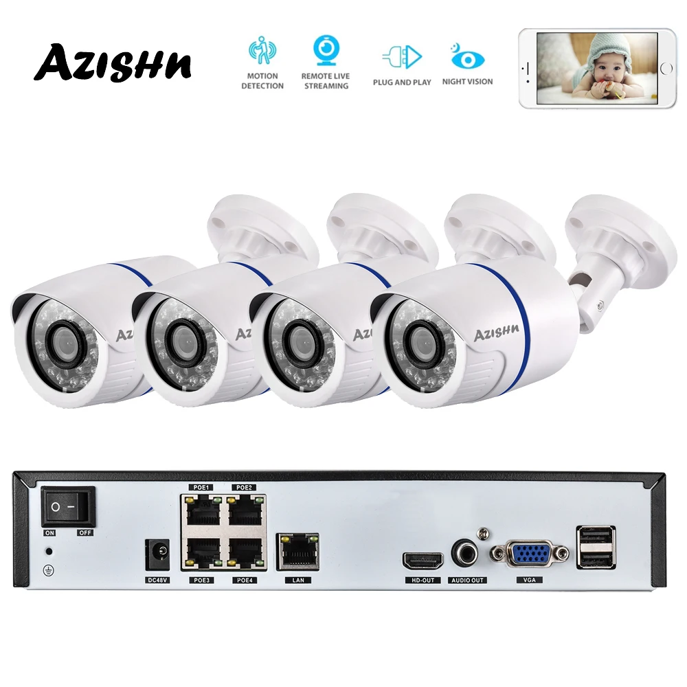 AZISHN 4CH H. 265 + 1080 P 48 U POE 2MP NVR Kamera za video Nadzor Sustav Vanjska Sigurnost 1080 P IP Kamera P2P Sustav video Nadzora NVR Kit