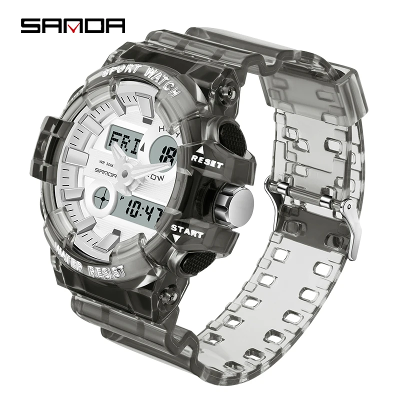 SANDA Sportski Sat Muške Vodootporne high-end Brand Digitalni Sat Proziran Remen Dual Display Kvarcni Ručni Sat Reloj De Hombre