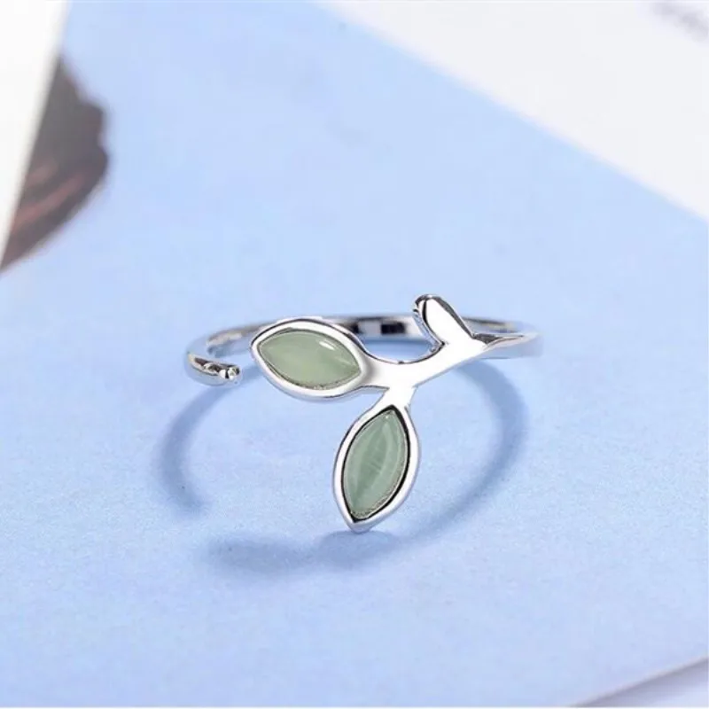 Nova Moda Kreativni Temperament Slatki Opal Posrebreni Nakit Zeleni List Ženski Crystal Otvaranje Prstena R232