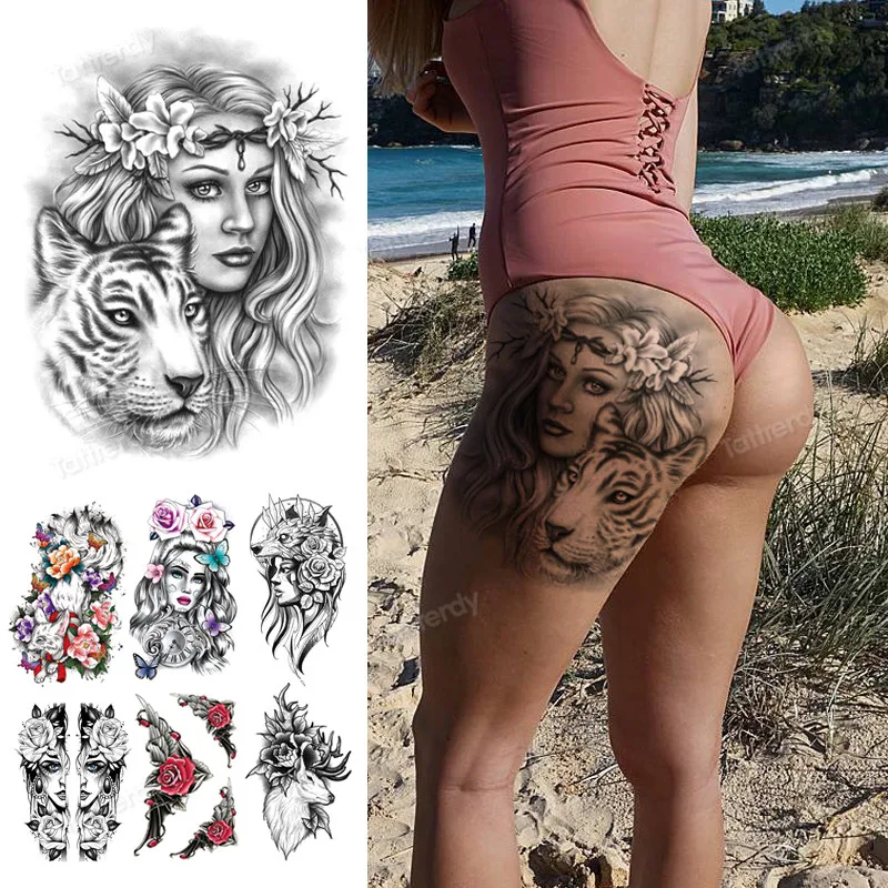 privremena tetovaža na nozi, bedro, seksi bodi-art, ljepota za žene, djevojčice, prijenos vode, tetoviranje, lažno životinja, lav, tigar, šumarstvo kraljica, skica