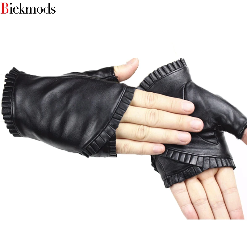 ženske kožne rukavice bez prstiju s морщинистым čipkom, полуострые rukavice od janjeće kože, sportsko jahanje, vožnja
