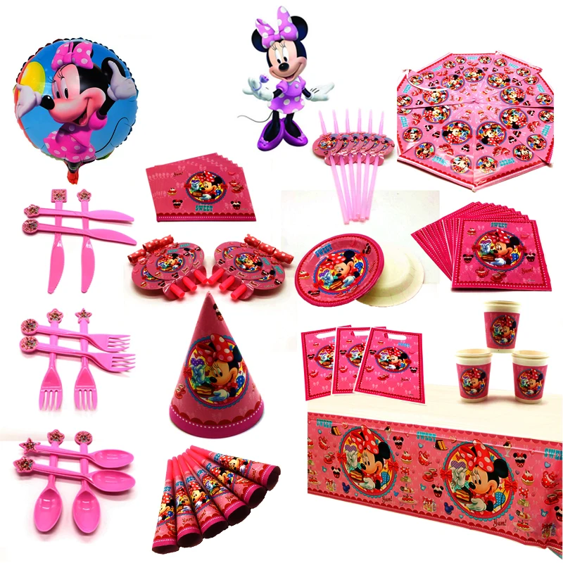 Crtani Film Pink Minnie Mouse Rođendan Wedding Party Dekoracije Isporuke Jednokratna Šalica Slama, Ubrus Tanjur Dječji Tuš College