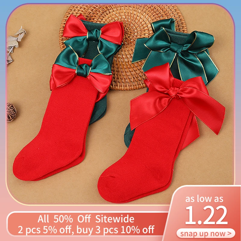 Merry Christmas Baby Čarape S Velikom Lukom, Dječje Čarape do koljena, Zimske Tajice, Crvene Duge Čarape, Mekani Pamučni Dječji Čarape od 1 do 3 godine