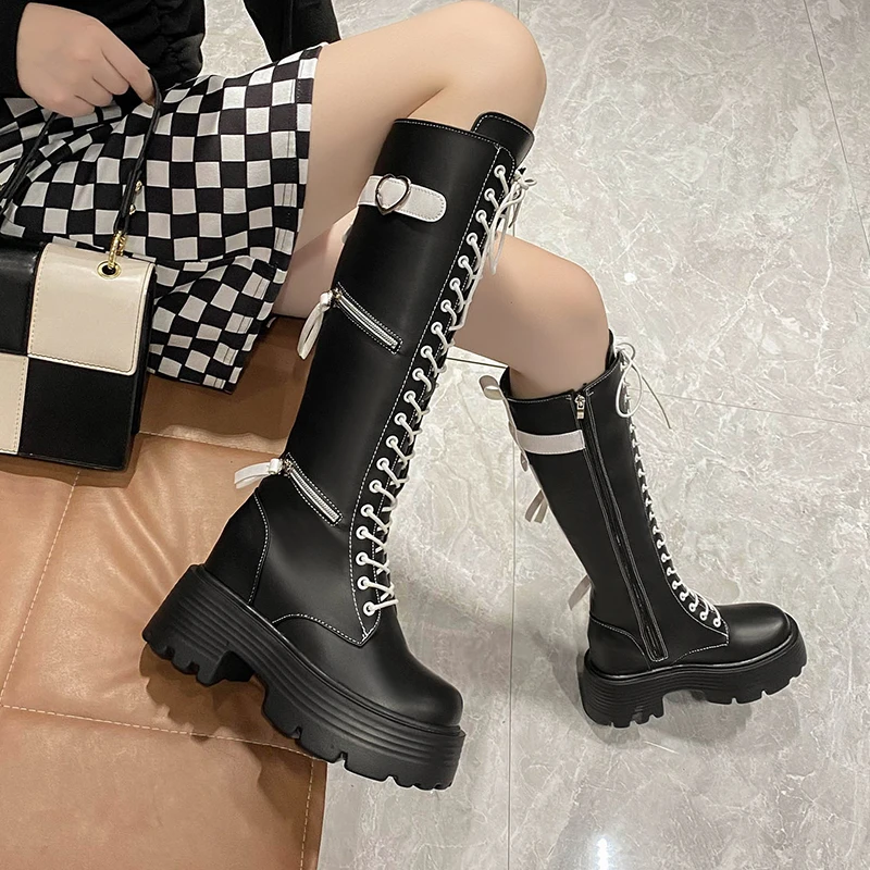 Čizme Ženske, Novi Trendy ženske čizme munje Crne ženske cipele u stilu punk Čizme do koljena, na petu Udoban Botas Mujer Zimska obuća